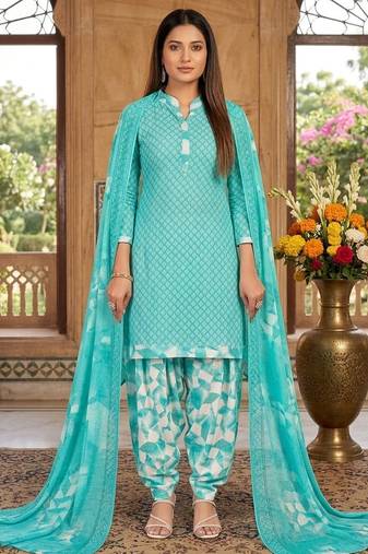 Teal printed cotton blend stitched geometric print salwar kurta dupatta for women
