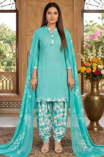 Teal printed cotton blend stitched geometric print salwar kurta dupatta for women