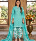 Teal printed cotton blend stitched geometric print salwar kurta dupatta for women