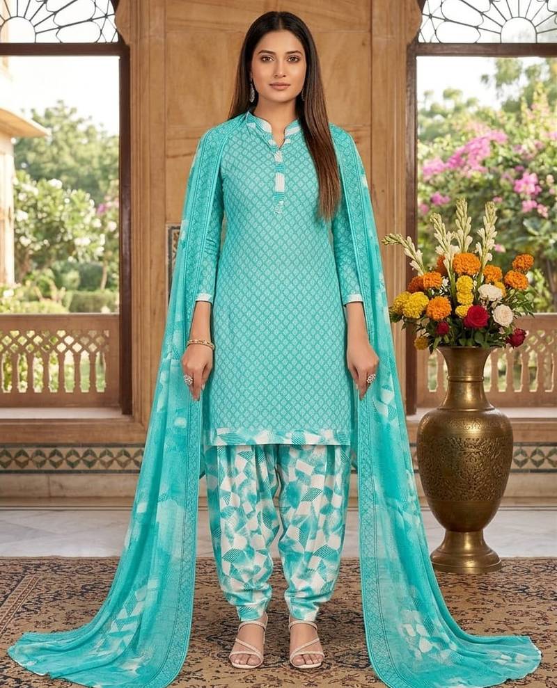Teal printed cotton blend stitched geometric print salwar kurta dupatta for women