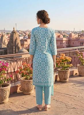 Teal printed cotton blend stitched geometric print salwar kurta dupatta for women 3