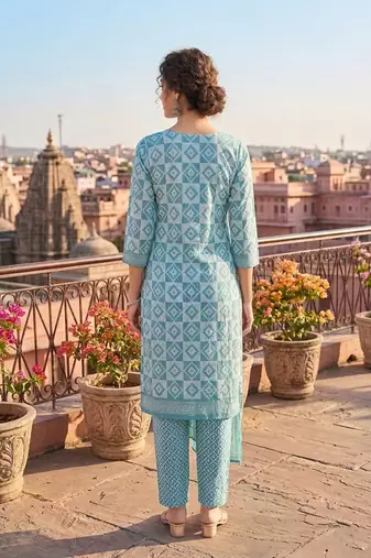 Teal printed cotton blend stitched geometric print salwar kurta dupatta for women