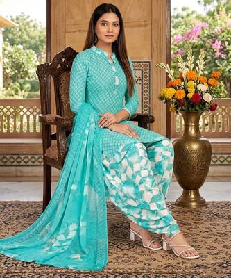 Teal printed cotton blend stitched geometric print salwar kurta dupatta for women 2