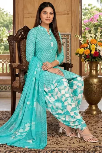 Teal printed cotton blend stitched geometric print salwar kurta dupatta for women