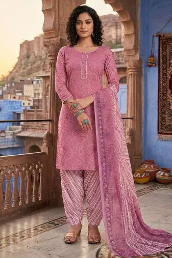 Pink printed cotton blend stitched bandhani print salwar kurta dupatta for women