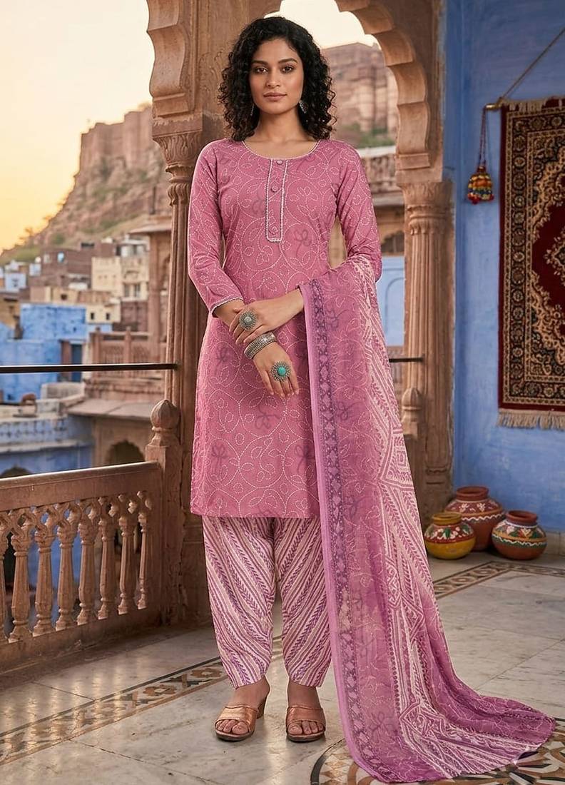 Pink printed cotton blend stitched bandhani print salwar kurta dupatta for women