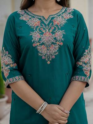 Rama green coding embroidery with sequins work roman silk straight kurti pant dupatta set 5