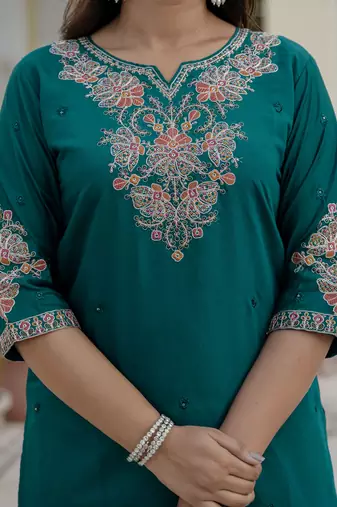 Rama green coding embroidery with sequins work  roman silk straight kurti pant dupatta set