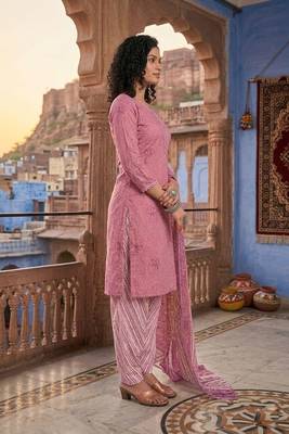 Pink printed cotton blend stitched bandhani print salwar kurta dupatta for women 2