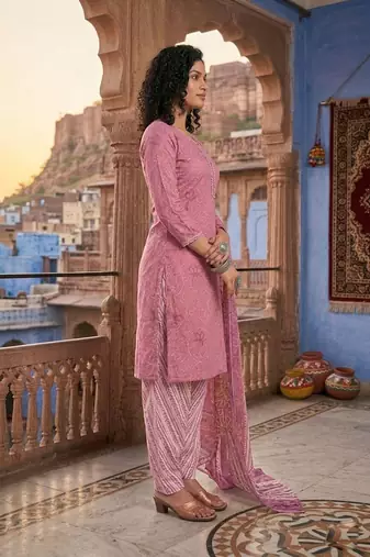 Pink printed cotton blend stitched bandhani print salwar kurta dupatta for women