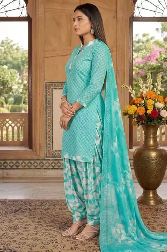 Teal printed cotton blend stitched geometric print salwar kurta dupatta for women