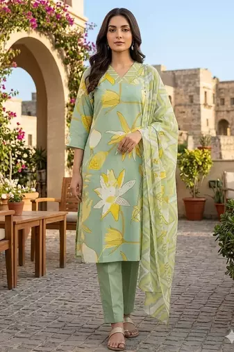 Green printed cotton blend stitched floral print salwar kurta dupatta for women