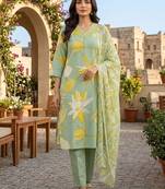 Green printed cotton blend stitched floral print salwar kurta dupatta for women