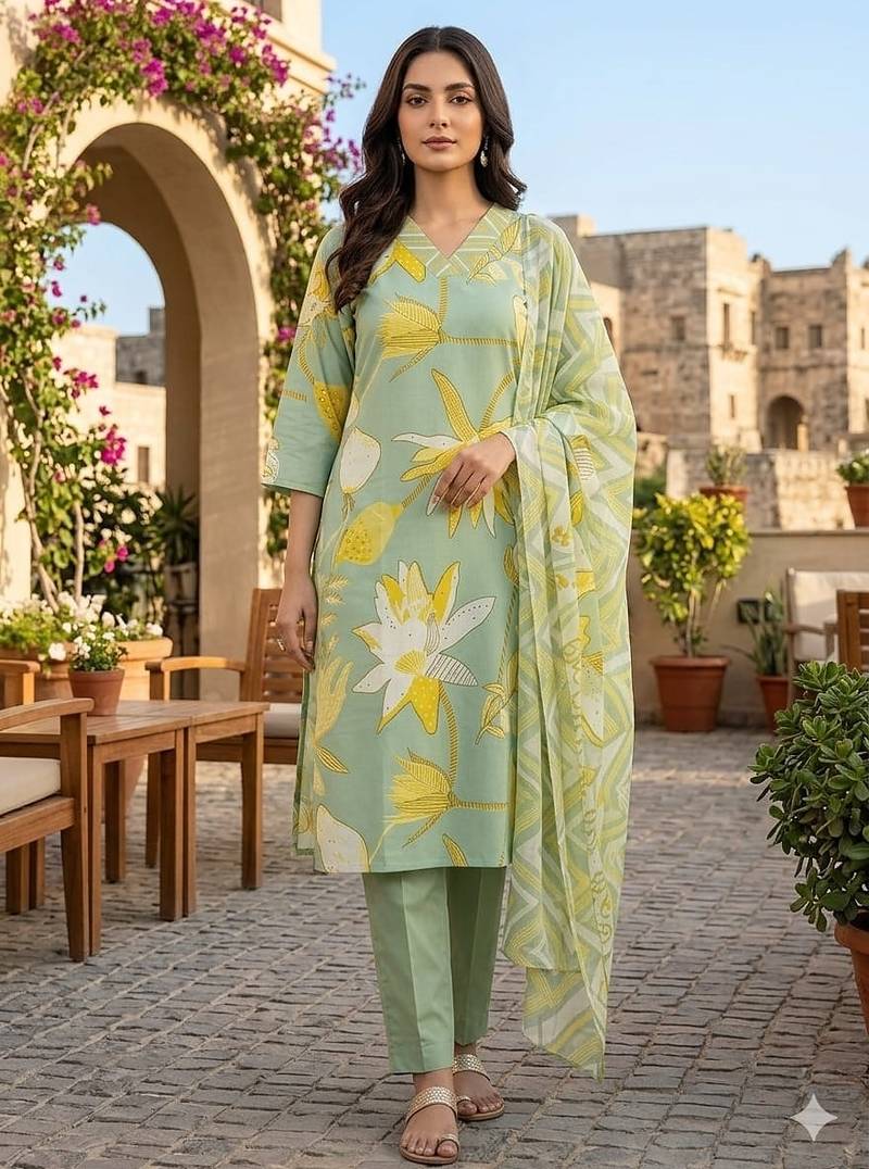 Green printed cotton blend stitched floral print salwar kurta dupatta for women