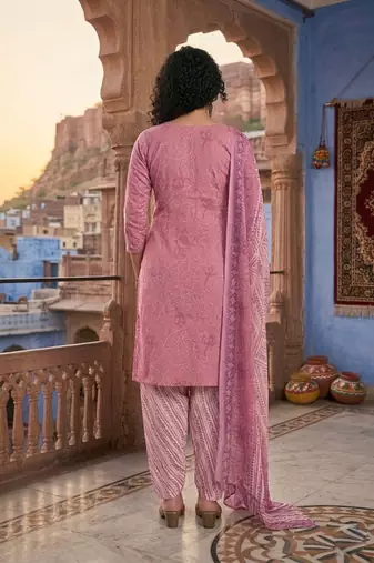 Pink printed cotton blend stitched bandhani print salwar kurta dupatta for women