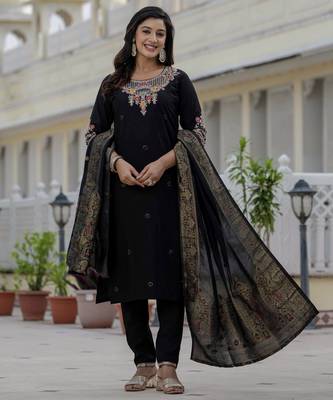 Black coding embroidery with sequins work roman silk straight kurti pant dupatta set 1