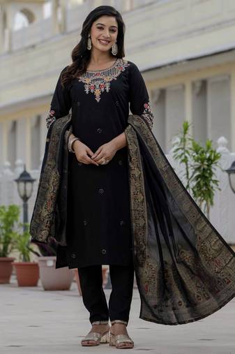 Black coding embroidery with sequins work  roman silk straight kurti pant dupatta set