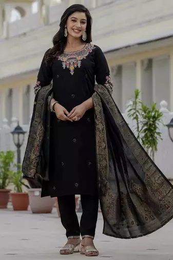 Black coding embroidery with sequins work  roman silk straight kurti pant dupatta set