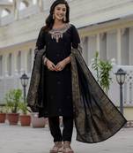 Black coding embroidery with sequins work  roman silk straight kurti pant dupatta set