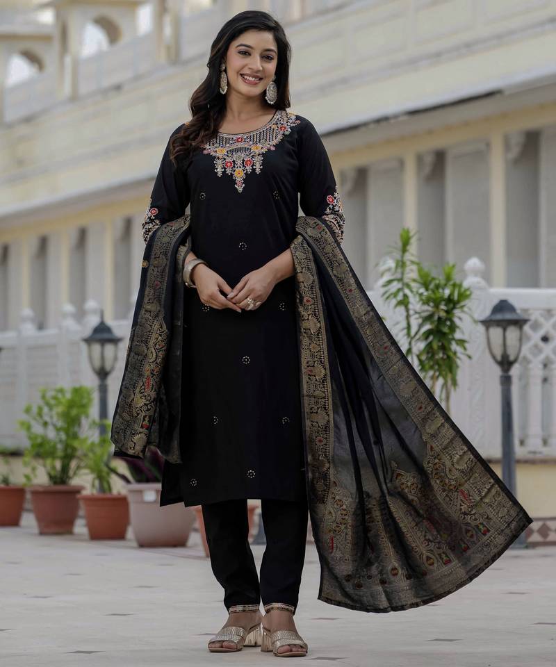 Black coding embroidery with sequins work  roman silk straight kurti pant dupatta set
