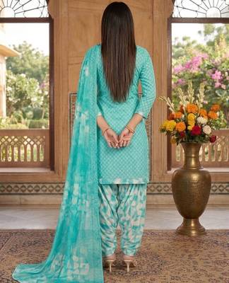 Teal printed cotton blend stitched geometric print salwar kurta dupatta for women 4