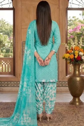 Teal printed cotton blend stitched geometric print salwar kurta dupatta for women