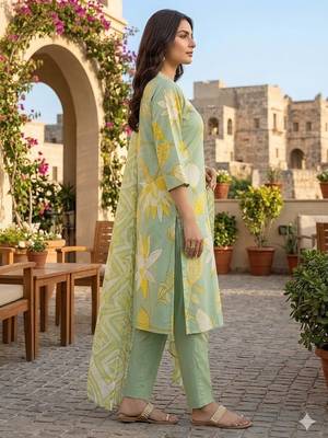 Green printed cotton blend stitched floral print salwar kurta dupatta for women 2