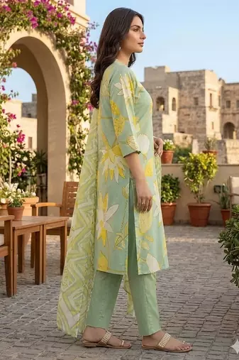 Green printed cotton blend stitched floral print salwar kurta dupatta for women