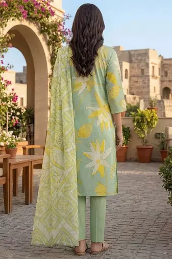 Green printed cotton blend stitched floral print salwar kurta dupatta for women