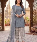 Grey printed cotton blend stitched bandhani print salwar kurta dupatta for women