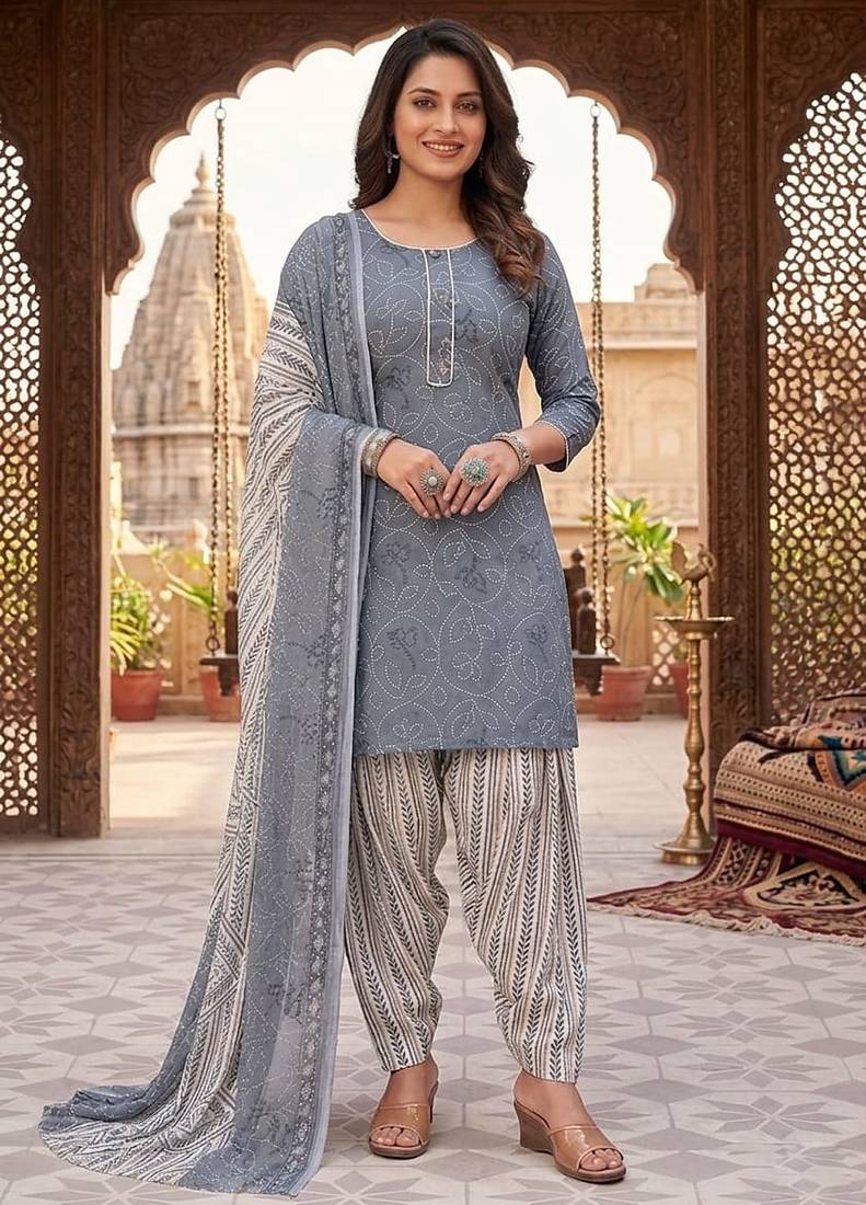 Grey printed cotton blend stitched bandhani print salwar kurta dupatta for women