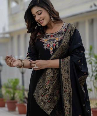 Black coding embroidery with sequins work roman silk straight kurti pant dupatta set 2