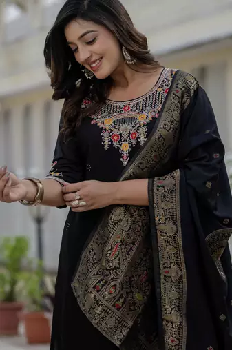 Black coding embroidery with sequins work  roman silk straight kurti pant dupatta set