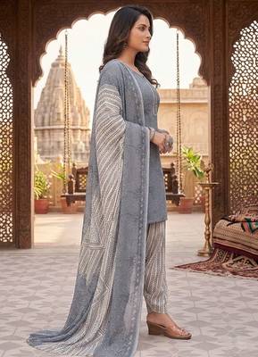 Grey printed cotton blend stitched bandhani print salwar kurta dupatta for women 2