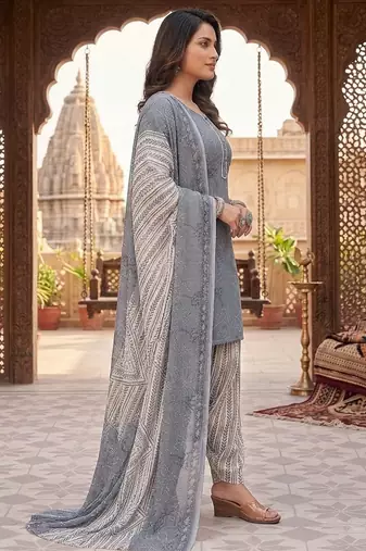 Grey printed cotton blend stitched bandhani print salwar kurta dupatta for women