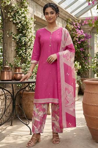 Pink printed cotton blend stitched geometric print salwar kurta dupatta for women