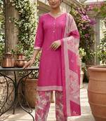 Pink printed cotton blend stitched geometric print salwar kurta dupatta for women