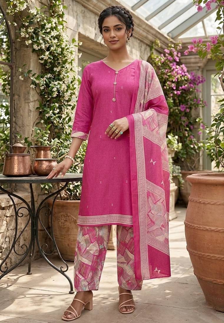 Pink printed cotton blend stitched geometric print salwar kurta dupatta for women