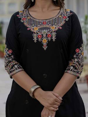 Black coding embroidery with sequins work roman silk straight kurti pant dupatta set 3