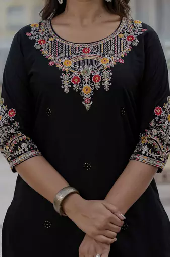 Black coding embroidery with sequins work  roman silk straight kurti pant dupatta set