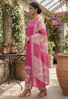Pink printed cotton blend stitched geometric print salwar kurta dupatta for women 2