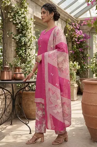 Pink printed cotton blend stitched geometric print salwar kurta dupatta for women