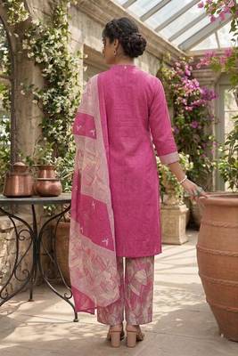 Pink printed cotton blend stitched geometric print salwar kurta dupatta for women 3
