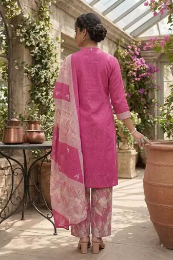 Pink printed cotton blend stitched geometric print salwar kurta dupatta for women