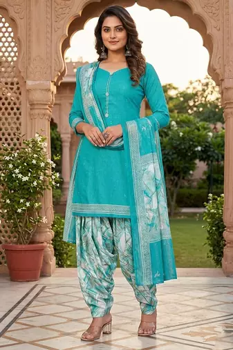 Teal printed cotton blend stitched geometric print salwar kurta dupatta for women