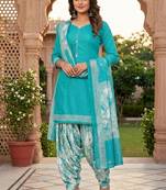 Teal printed cotton blend stitched geometric print salwar kurta dupatta for women