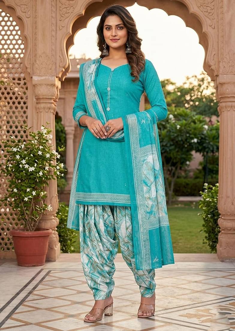 Teal printed cotton blend stitched geometric print salwar kurta dupatta for women