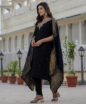 Black coding embroidery with sequins work roman silk straight kurti pant dupatta set 4