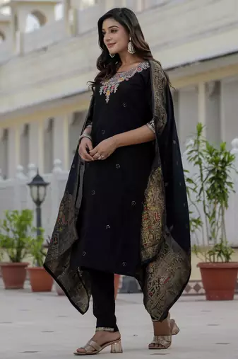 Black coding embroidery with sequins work  roman silk straight kurti pant dupatta set