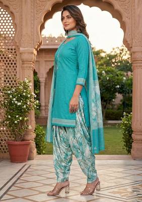 Teal printed cotton blend stitched geometric print salwar kurta dupatta for women 2